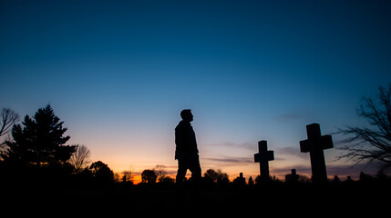 Fototapeta premium A lone mourner standing by a grave at twilight, with an expression of quiet contemplation