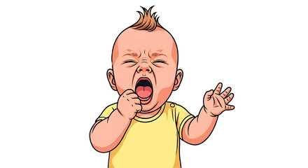 Close-up Illustration of a Yawning Baby with Spiky Hair and a Yellow Shirt