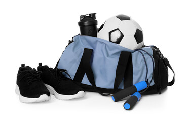 Stylish bag with sports equipment isolated on white
