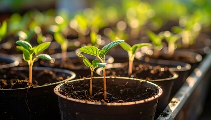 Young plants growing in pots