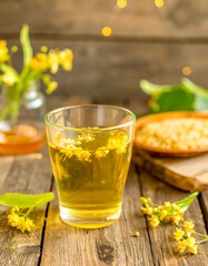 Linden tea in a glass, surrounded by flowers and leaves