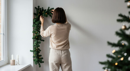 Woman decorating home with Christmas garland. Festive holiday preparation and winter celebration concept. Christian family tradition during Advent season.
