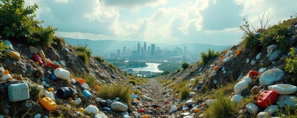 A desolate cityscape choked by mountains of discarded plastic, overgrown with weeds, symbolizing environmental neglect and the grim consequences of unchecked waste , grim, debris field