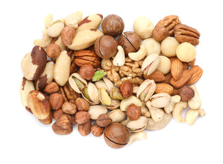 Mix of different nuts isolated on white, top view