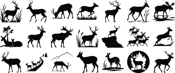 Obraz premium Black Silhouette Set Featuring Deer in Various Poses and Natural Habitat Scenes