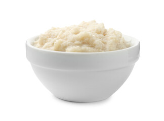 Tasty horseradish sauce in bowl isolated on white