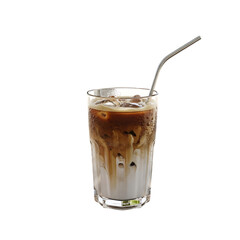 Iced latte in a glass with a metal straw isolated on transparent background, showcasing the creamy texture and refreshing appeal of the beverage, ideal for cafe and drink promotions