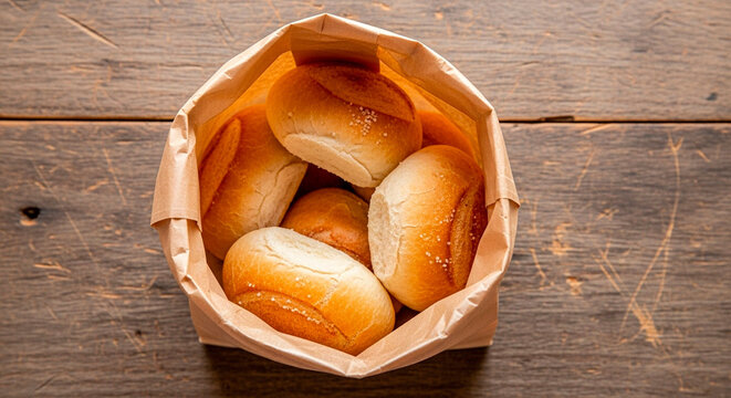 A Bird's Eye View of Brazilian Salt Bread, known as "Cacetinho," in an Open Paper Bag on a Wooden Table