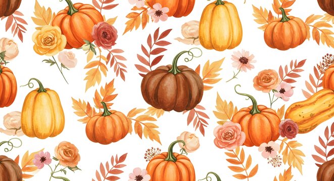 Autumn pumpkins and flowers seamless pattern