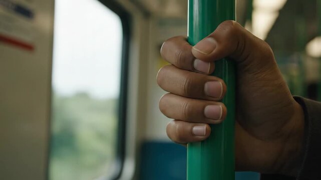 Close up of a hand holding onto a pole on a moving train.