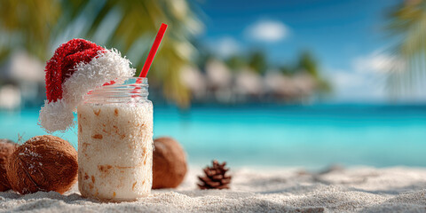 Coconut drink wearing Santa hat with red straw on white sandy beach against turquoise ocean background, symbol of tropical Christmas holiday vacation concept, daylight, copy space