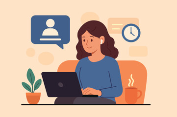 Woman Working on Laptop with Coffee at Home Office