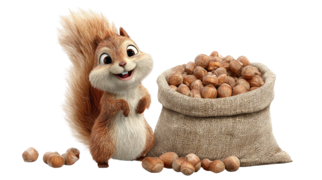 Adorable 3D cartoon squirrel sitting beside a large sack of tasty nuts with cheerful playful expression isolated on white background