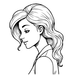 Elegant line drawing showcases a young woman with flowing hair in a graceful profile artistic