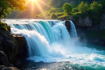 Fototapeta premium A breathtaking cascade of water tumbles over rocks, creating mesmerizing waterfall waves The sunlight catches the spray, highlighting the powerful yet serene beauty of nature , nature, river