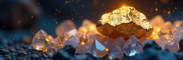 A gleaming gold nugget rests on a bed of sparkling crystals, symbolizing the preciousness and rarity of innovative ideas and groundbreaking discoveries , concept, success
