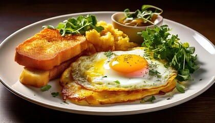 golden American breakfast garnished with fresh herbs on a white plate