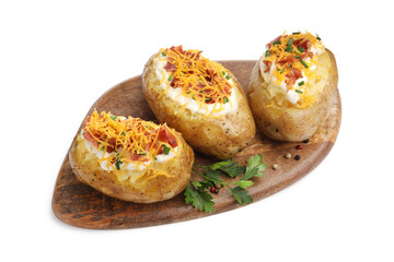 Tasty baked potatoes with sour cream, green onion, cheese, bacon, parsley and peppercorns isolated on white