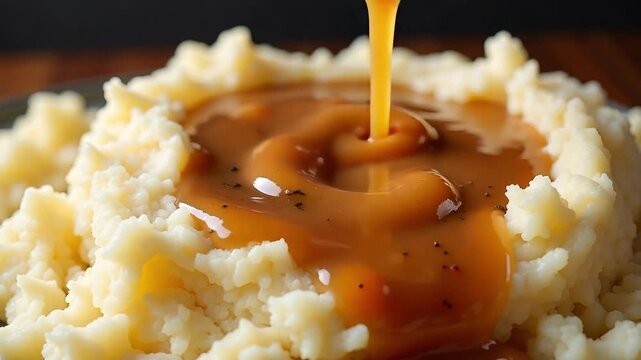 Rich, savory gravy cascading over fluffy mashed potatoes, a comforting and delicious meal.