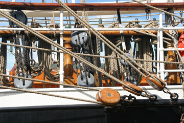 Pulleys and ropes of a sailing ship