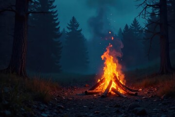 Eerie Flickering Firelight A Mysterious Campfire Casts Shadows in the Night