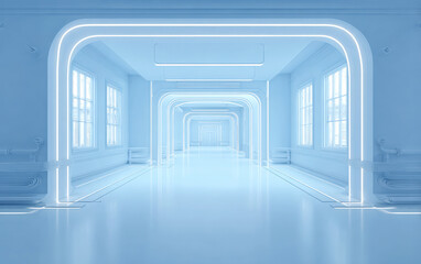 Obraz premium Futuristic corridor with neon lights and clean design