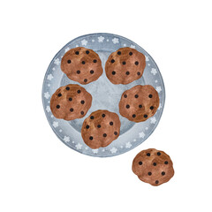 Watercolor chocolate cookies on blue plate. Round chocolate cookies on ornate blue plate isolated on white.