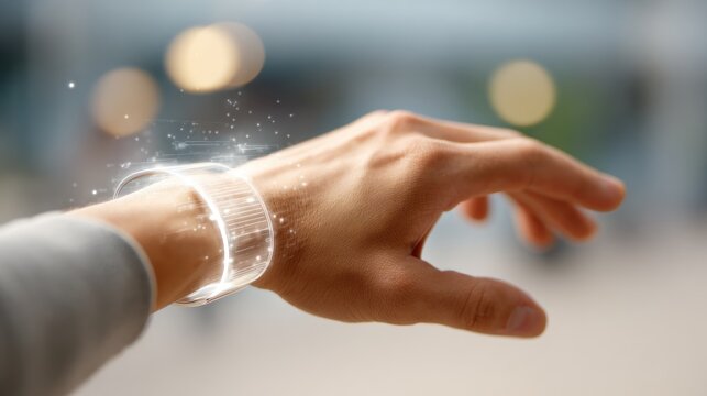 Hand with a futuristic wearable device, showcasing augmented reality and the potential of advanced technology - Powered by Adobe