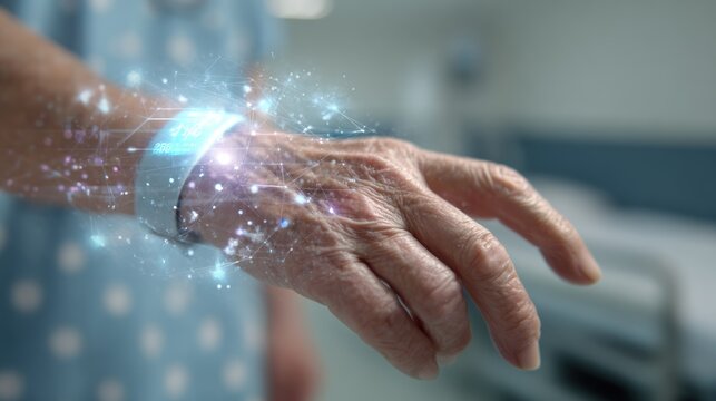 Close up of an elderly womans wrist with a futuristic health tracker, showcasing the integration of technology and healthcare
