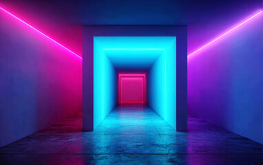 Neon-lit corridor with multiple colored lights creating a futuristic atmosphere