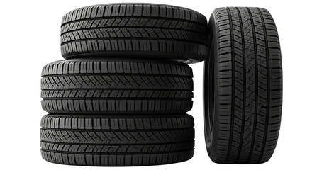 New car tires stacked ready for installation, showcasing detailed tread design and texture