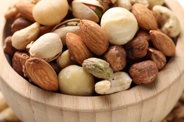 Mix of different nuts in bowl, closeup