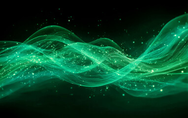 Dynamic Green Wavy Lines with Glowing Particles in Abstract Design