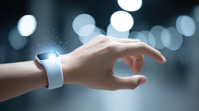Close up of a persons wrist with a futuristic health tracker, showcasing the integration of technology and personal well being - Powered by Adobe