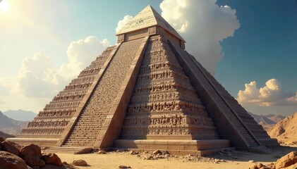 Ancient stone pyramid with intricate carvings depicting powerful deities, symbolizing divine rule and cosmic order A majestic scene of religious reverence and mythical power , order, sun, mythical