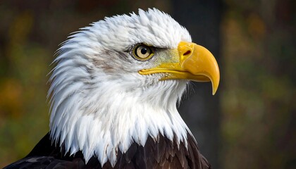 Fototapeta premium Close-up profile view of a majestic bald eagle, showcasing its detailed plumage and sharp features against a blurred natural background.
