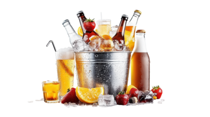 Ice Cubes and Drinks in Metal Bucket on Transparent Background