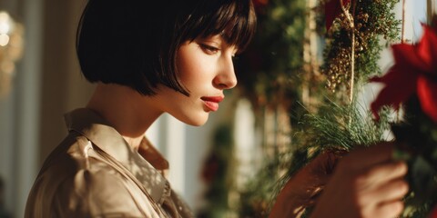 Woman decorating with Christmas garland in warm sunlit room. Festive holiday season preparation for Christmas and New Year.