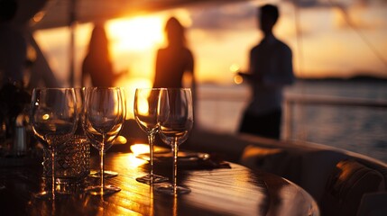 Naklejka premium Sunset yacht party with glasses ready for celebratory drinks.