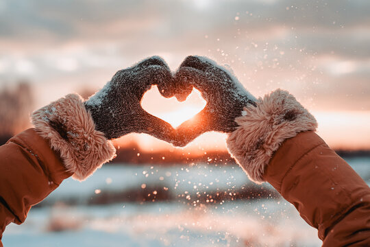 Heart shape made with hands in winter landscape at sunset - Powered by Adobe
