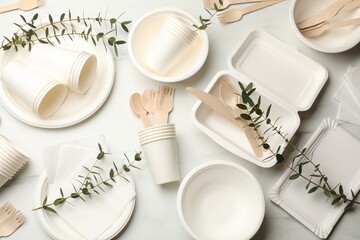 Set of disposable tableware and eucalyptus branches on white table, flat lay