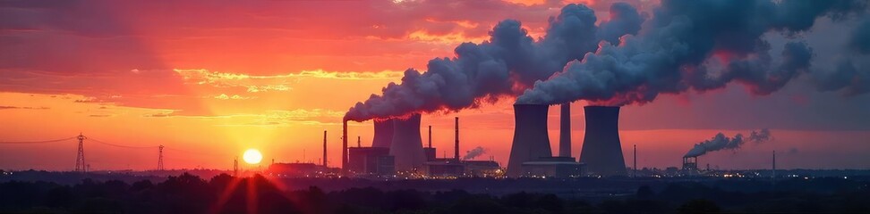 Obraz premium Immense Coal Power Plant at Sunset Billowing Smoke Stacks and Dramatic Sky, Industrial Energy Generation, Environmental Impact