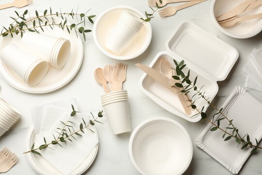 Set of disposable tableware and eucalyptus branches on white table, flat lay