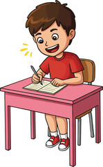 Happy boy writing in notebook at school desk, cartoon illustration, student learning, classroom activity, education concept, child studying,school life, study session, pencil drawing, joyful student