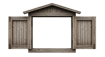 Rustic wooden window frame with open shutters ready to display your creative content or art