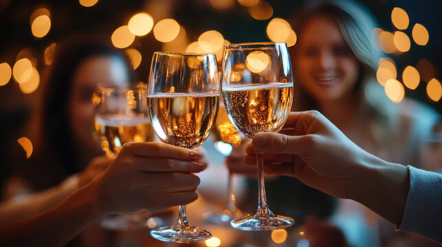 group of office workers laughing and toasting at corporate holiday party elegant clothing warm lighting festive celebration cheerful workplace seasonal joy stock photo