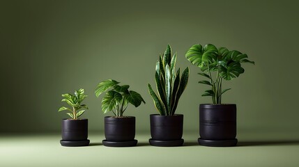 Obraz premium Perfectly aligned top-down array of black terracotta planters with monstera and philodendron plants