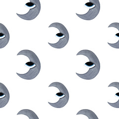 Fototapeta premium Watercolor moon with eye seamless pattern. Gray crescent moons with eyes on white background.