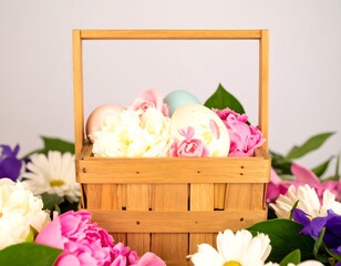 Easter basket with pastel eggs and flowers