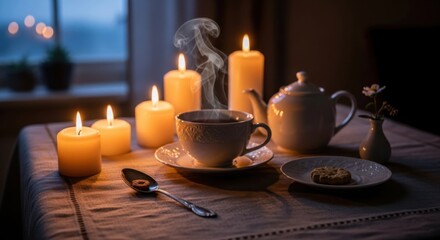 Cozy Evening Tea Gathering Lit by Gentle Candlelight and Warm Ambiance